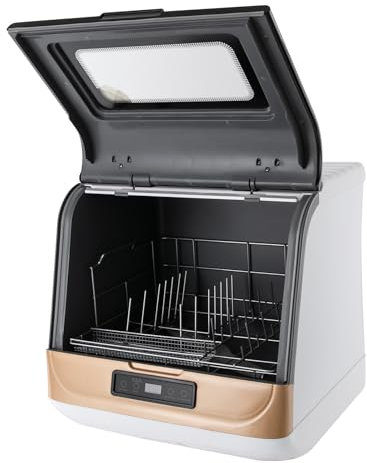 Mini lave-vaisselle de table 800 W, avec 5 programmes et buse de pulvérisation rotative à 360°, commande tactile, 2 modes de rinçage et affichage LED, parfait pour les petites maisons, doré