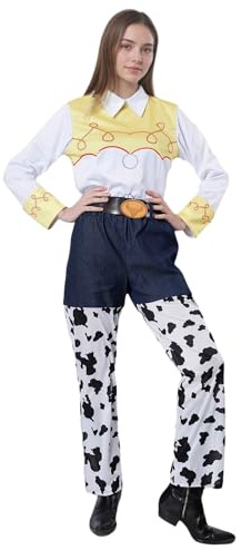 Costume d'Halloween de cowgirl occidentale, haut rétro avec pantalon en jean patchwork, imprimé peau de vache (S)