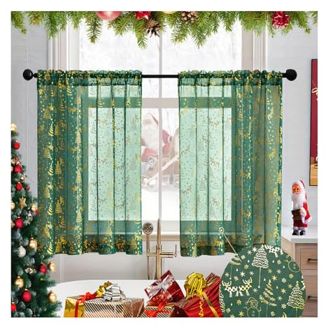 EAZHOP Weihnachts Vorhang Gardinen Halbtransparent 2er Set, Voile Vorhänge mit Stangedurchzug Kinderzimmer Weihnachtsdeko Gardinen, Weihnachtsgardinen, Goldene Weihnachtsbaum (Grün, 63,5 * 93,5cm)