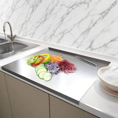 Skärbräda i rostfritt stål stor 50 x 60 cm, dubbelsidig skärbräda med stoppkant, halkfri, antibakteriell och lätt att rengöra, bänkskiva kök för bageri, restaurang och bar