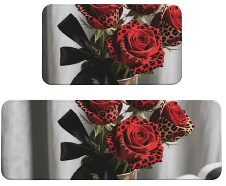 Leopard Print Red Roses Kitchen Rugs Set of 2, Cushioned Anti-Fatigue Kitchen Mats for Floor, Waterproof Comfort Standing Mat Absorbent Velvet Kitchen Runner Rugs 17x30+17x47
