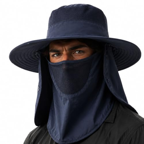 KEAYOO Chapeau de soleil pour homme et femme UPF 50+ avec protection du visage et protection du cou – Chapeau de protection UV 3 en 1, chapeau de pêcheur respirant avec moustiquaire amovible, léger et