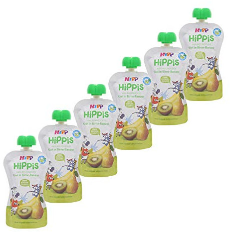 HiPP HiPPiS Quetschbeutel, Kiwi in Birne-Banane, 100% Bio-Früchte ohne Zuckerzusatz, 6 x 100 g Beutel