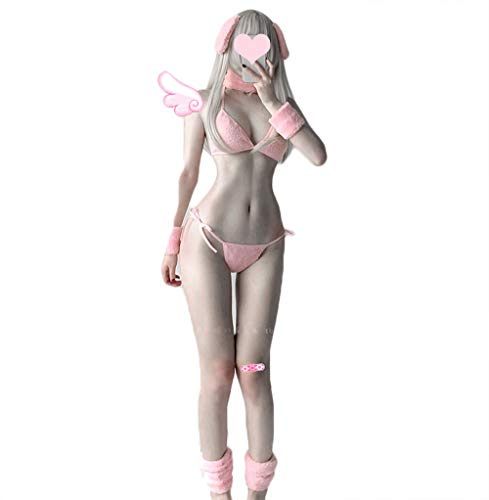 JasmyGirls Lingerie sexy de lapin pour femme - Tenue de costumade kawaii pour Halloween - Bikini mignon - Ensemble soutien-gorge et culotte en fourrure