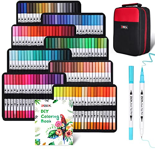 ZSCM Marcadores de Doble Punta, 160 Colores - Punta Pincel y Punta Fina - Para Libros de Colorear Adultos, Caligrafía, Lettering, Ilustración - Sin Traspaso, No Tóxicos