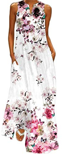 WINKEEY Femme Maxi Robe Longue Imprimé Papillon Robe d'Été Floral Grandes Tailles Boheme sans Manche avec Poches, Cerisier 2XL