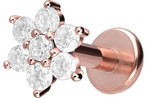 PIERCINGLINE Titan Labret mit Gewinde KRISTALLBLUME Piercing Lippe Nase Ohr Helix Roségoldfarben 1,2 x 6 mm
