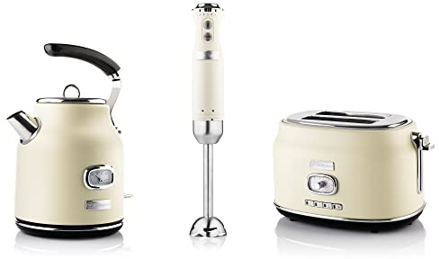 Westinghouse Retroline Frühstück-Set Weiß, Toaster, Stabmixer & Wasserkocher, 1.7 Liter und Kalkfilter, Zwei Schlitz Toaster mit Brötchenaufsatz, Stabmixer mit 4 Geschwindigkeitsstufen