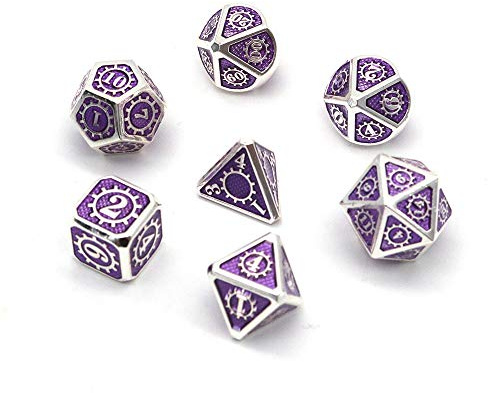 Fasizi Lot de 7 dés polyédriques en métal avec sac de rangement noir pour jeu de rôle Donjons et Dragons D&D Enseignement des mathématiques (engrenage argenté et violet)