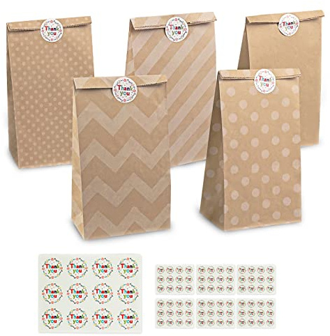 Newpop 50 piezas bolsas papel kraft cumpleaños infantil para niños con 84 pegatinas, bolsa de regalo Marrones para dulces embalaje, para Navidad, fiestas, Halloween,Calendario de Adviento