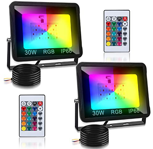 Tubiaz 2 Pezzi 30W Faretto LED RGB Esterno, Proiettore RGB 16 Colori 4 Modalità con Telecomando, Dimmerabile, Modalità di memoria, IP66 Impermeabile per Feste Cortile (Senza Spina)