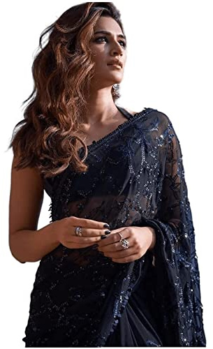 BishtHub Fashion Kvinnors sekvensarbete georgette sari med osydd blusdel, Svart, one size
