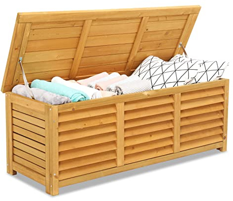 VINGLI 47 Gallon Wood Deck Box, Outdoor Storage Box for Tools, Cushions, Patio Storage Bench Container for Backyard, Porch, Garden (Natural)