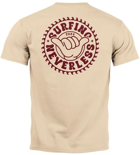 Neverless® Herren T-Shirt Surfing Surfer Motiv Hang Loose Sommer Sonne Wellen Backprint Fashion Streetstyle Natur L