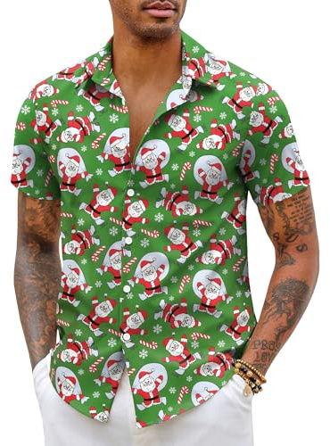 COOFANDY Camisa Navidad Hombre Manga Corta Camisa de la impresión de Navidad Divertido Funky Informal Shirt Christmas Shirt