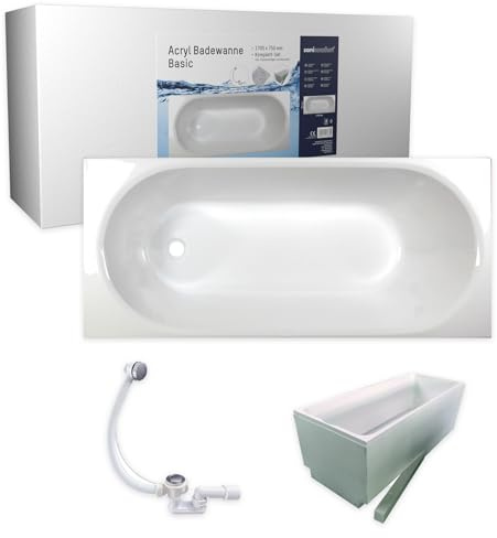 sanicomfort Badewanne Komplettset Basic Rechteck 170x75 cm – Acryl-Badewanne weiß mit Wannenträger & Ablaufgarnitur, Wärmedämmung & Schalldämmung, pflegeleicht & robust