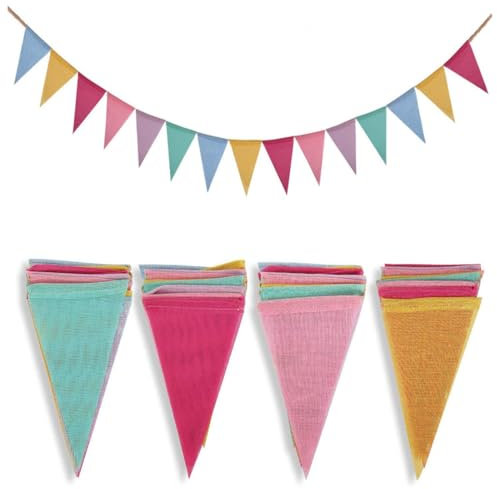 WUSJCOF Lot de 4 guirlandes en tissu coloré 4m guirlande résistante aux intempéries réutilisable 6 couleurs imitation lin drapeaux triangulaires pour anniversaire fête décoration de jardin