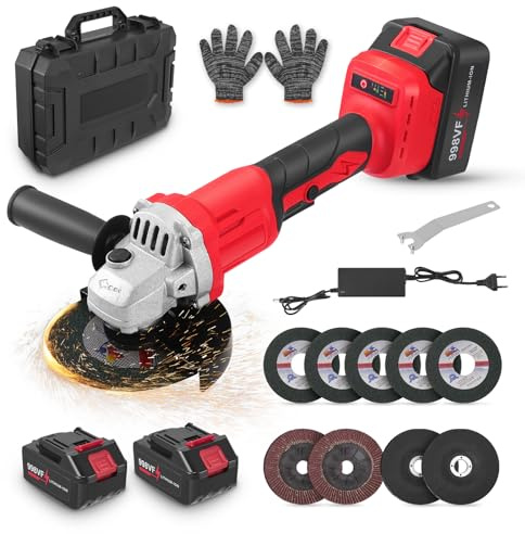 Amoladora angular inalámbrica sin escobillas 21V, velocidad hasta 13500 rpm Incluye discos de corte discos de desbaste discos de pulido Equipada con dos baterías de 21V 3,0Ah Diámetro 125 mm