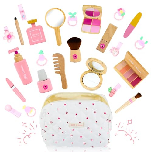 Joellfuner Set di trucchi per bambini, in legno, per bambini, in legno con fermagli per capelli e tatuaggi, gioco di ruolo, regalo di Natale per compleanno a partire dai 3 anni in su