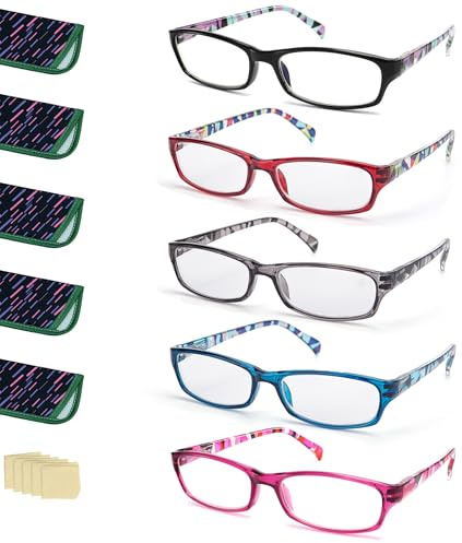 LANLANG Läsglasögon för kvinnor, anti-blått ljus glasögon med 3 färger, mode anti-eyestrain anti-UV, Transparent röd/grå/blå/lila/svart, +3.00