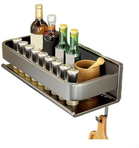 Estante de almacenamiento de cocina montado en la pared hecho de acero al carbono con instalación sin taladro, para organizar especias, tarros y utensilios pequeños (sin rastro) 30 cm, 5 ganchos)