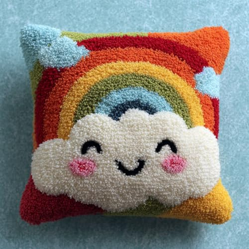 Henypt Kit di Ganci a Chiusura per Cuscino Arcobaleno e nuvole bianche Set per Cuscini con Gancio di Chiusura 43X43cm DIY Cuscini Kit Ricamare Federa per Cuscino