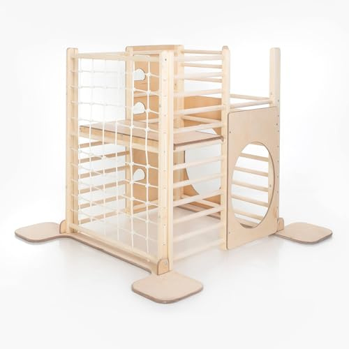 HOMEforDREAMS Torre de escalada de madera para niños – Muebles de juego para interiores inspirados en Montessori, estructura cuadrada (marrón claro, con tabla interior)