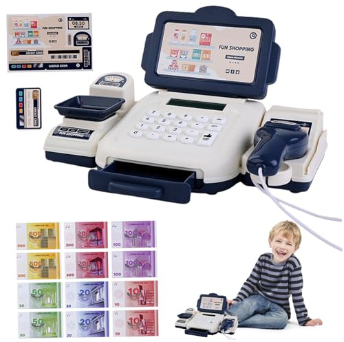 Toy Till Cash Register with Scanner, Calculator Function Cash Register for Kids with Money Credit Card, Educational Shopping Till Role Play Toys, Blue, Heimdekorationen