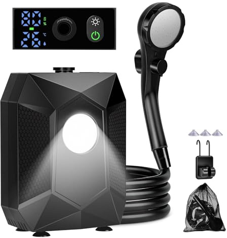 Doccia da Campeggio con Luce Notturna,6000mAh Doccia Portatile Ricaricabile, IPX8 Doccia Campeggio Batteria con Display Intelligente, Regolazione Pressione a 5 Livelli per Campeggio, Escursionismo
