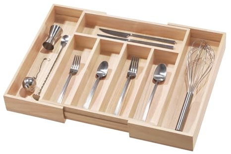 iDesign EcoWood Kitchen Storage Tray, Expandable Kitchen Utensil Holder Made of Paulownia Wood, Versatile Cutlery Holder for Kitchens, Beige