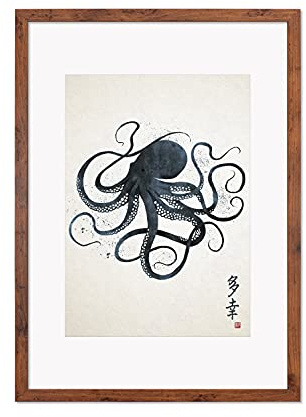 Strand Clothing Japanese Octopus Calligraphy Art Print Poster - Woodblock Ukiyo-e Wall Art (A3 Rustic Frame + Mount)