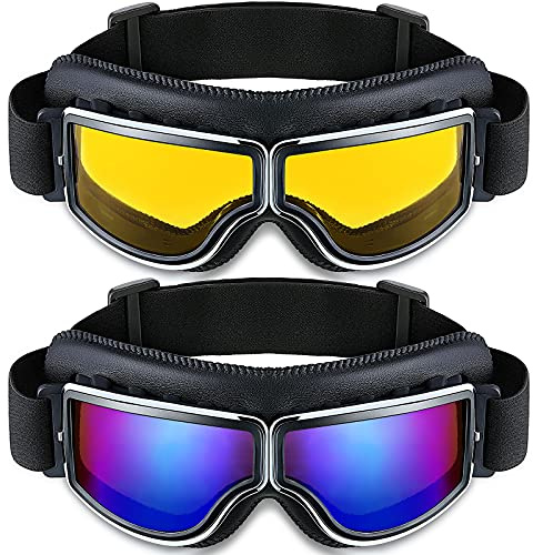 Frienda 2 Pieces Motorcycle Goggles Vintage Pilot Riding Dirt Bike Goggle ATV Anti-Scratch Dustproof Windproof (Yellow, Blue)