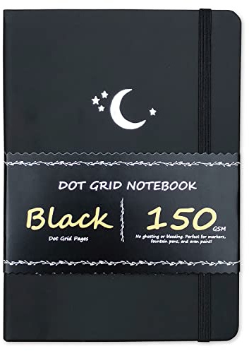 BUKE Journal pointillé – Carnet de notes quadrillé – Papier noir 150 g/m² sans bavure – 160 pages noires – Pour homme et femme – Couverture rigide en cuir synthétique A5 14,6 x 21,6 cm et coffret