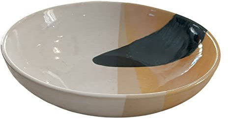 PintoCer - 2 x Platos Hondos de Gres, 22 cm, Cuenco para Sopa, Pasta, Ensalada o Cereales, Color: Blanco, Naranja y Azul