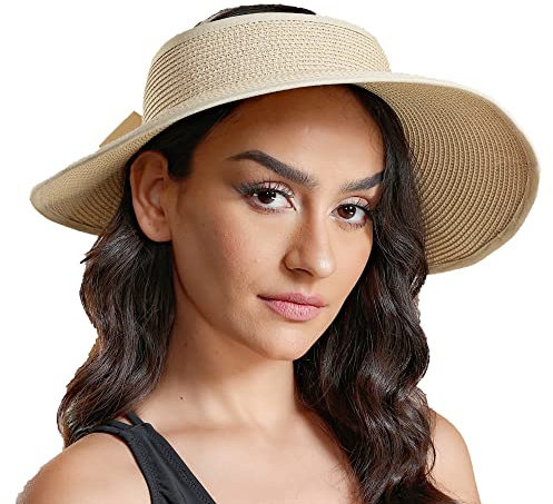 Joywant Sun Visor Hats for Womens, Straw Beach UPF50+ Summer Visors Hat with Ribbon Beige