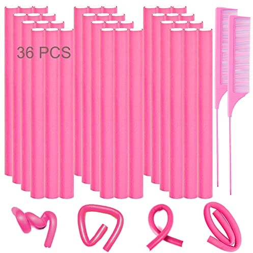 Jusbuya Lot de 38 tiges à friser flexibles, 24 cm pour cheveux longs naturels, sans chaleur, en mousse souple, sans chaleur, avec 2 peignes à queue en acier