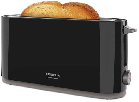Taurus, Tostadora Mytoast Nero 1000W, 7 Niveles de Tostado, Ranura Extralarga 26x3.8, Sistema Autocentrado, Bandeja Recogemigas, Elevación Extra, Recoge Cable, Pies Antideslizantes