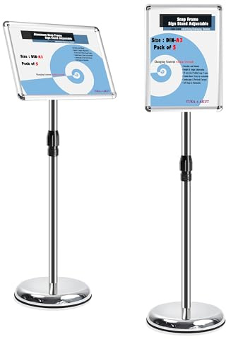 TUKA-i-AKUT 5X A3 Espositore Informativo da Pavimento, Regolabile in Altezza, Supporto per Pubblicitario Presentazioni Poster Cartelli Annunci, Portaposter Cornice Pieghevole, Argento TKD8423-5X