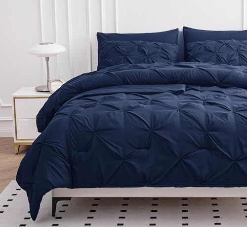 LANE LINEN Twin XL Comforter - Set of 5 Pc - Pintuck Bed-in-a-Bag - Bedding Set, Flat & Fitted Sheets, Pillowcase & Sham – Very Soft, Warm & Durable Comfort for Everyday Use - Navy Blue