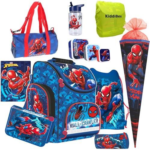 KiddiBex Spiderman Schulranzen Set 12-TLG. - Schultasche Jungen 1. Klasse - Grundschule Ranzen - Ergonomischer Schulrucksack