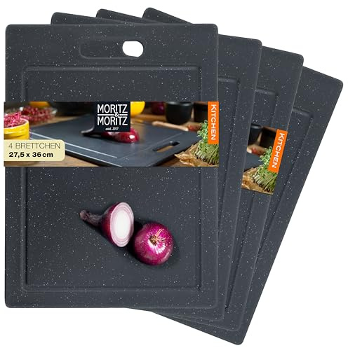 Moritz & Moritz 4 x skärbrädor plast – 36 x 27,5 cm – skärbrädor BPA-fri – köksbrädor granitoptik – skärbräda med halkfria fötter, öppning – skärbräda med juicespår
