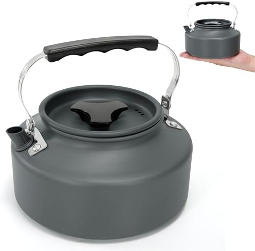 AYMQC Bouilloire de Camping 1.1 L Bouilloire à Thé en Aluminium Ultralégère Théière à Chauffage Rapide Portable avec Sac de Transport pour Pique-Nique Randonnée Pêche (Gris)