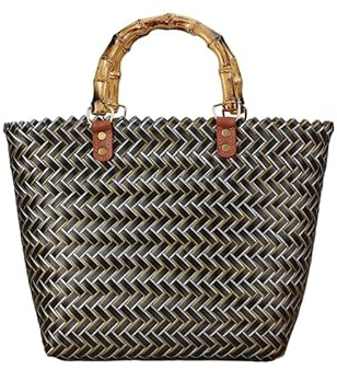 FUNSEED Vintage Black Rattan Tote Bag for Women, Large Capacity Hand Woven Bamboo Handle Tote Bag for Vacation, Black, One Size