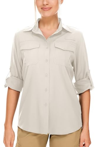 Womens Safari Sun Shirts UPF 50+ UV Sun Protection Long Sleeve Outdoor Quick Dry Fishing Hiking Gardening Shirts, Light Khaki, M