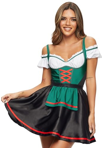 Ann Summers Halloween Beer Maid Dress – Oktoberfest Outfit with Bardot Neckline & Satin Finish, Bavarian Costume with Mock Lace-Up Front & Apron – Ideal for Role Play, Parties or Fancy Dress