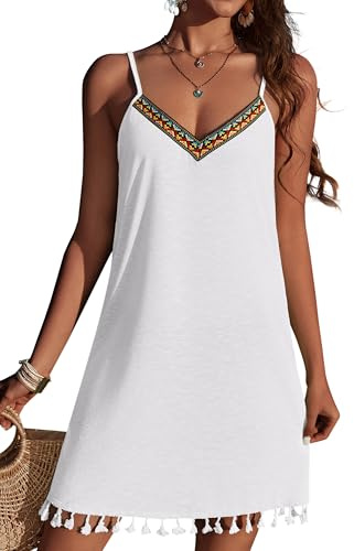 AI'MAGE Strandklänning för kvinnor sommar strandöverdrag spagettirem bikini täcker v-ringad strandkläder bohemisk tofs S-XXL, Vitt, XL