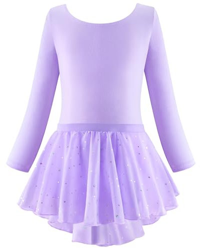 Ballettkleidung Mädchen Ballettkleid Kinder Langarm Baumwolle Rundkragen Ballettanzug Balletttrikot Tanzbody Tanzkleid mit Chiffon Rock Tütü 4-12 Jahre