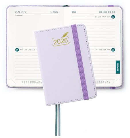 BEZEND Taschenkalender 2026 Klein A7 12 x 8 cm - 2 Tage pro Seite - Mini Terminplaner & Buchkalender 2026 mit PU-Leder Hardcover, Lila