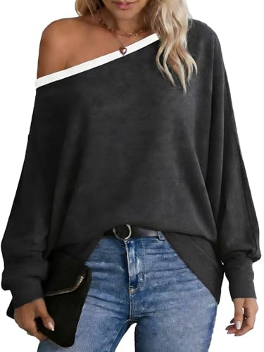 Dressmine Womens Off Shoulder Sweater Shirt Spring Winter Oversized Cute Outfits Batwing Sleeve Bardot Top Dark Grey Size 16