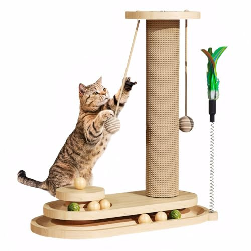 Scratching Post,Multifunctional Cat Scratching Post with Interactive Toys,Cat Scratcher for Indoor Cats with Solid Wood Base,Two Sisal Rope Balls,Interactive Track & Spring Feather Toy,41cm Tall